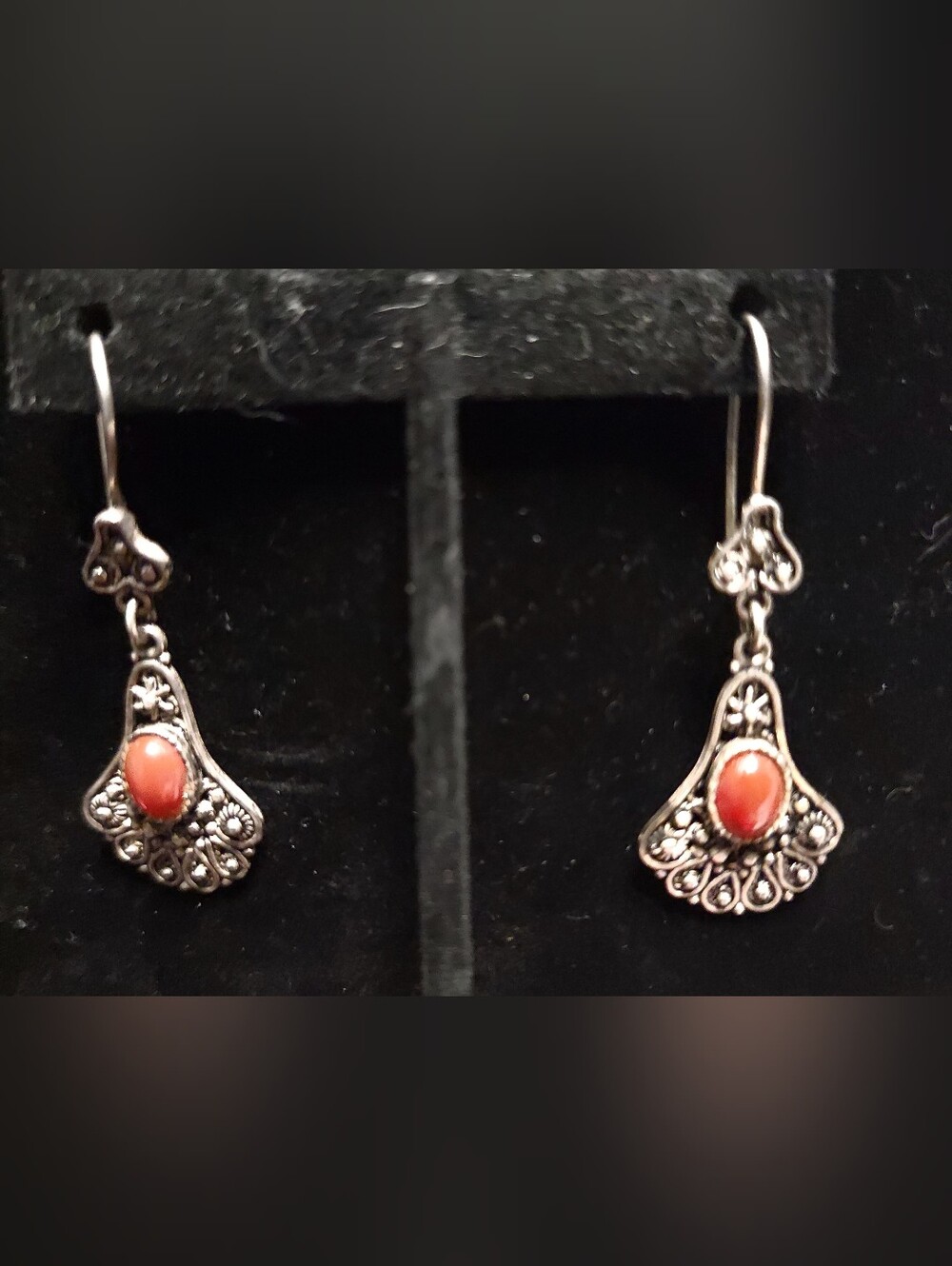 Vintage Sterling Silver Filigree Drop Earrings Genuine Carnelian 925